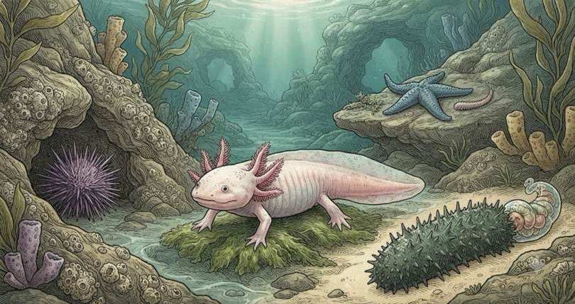 An illustrated fantasy landscape in an earthy, warm-toned storybook style depicting several regenerating animals, featuring a smiling pink axolotl standing in the center of a shallow forest stream, surrounded by planarian flatworms, a sea cucumber, a frog, a stag beetle, a centipede, and mossy woodland trees under a soft, golden sun.
