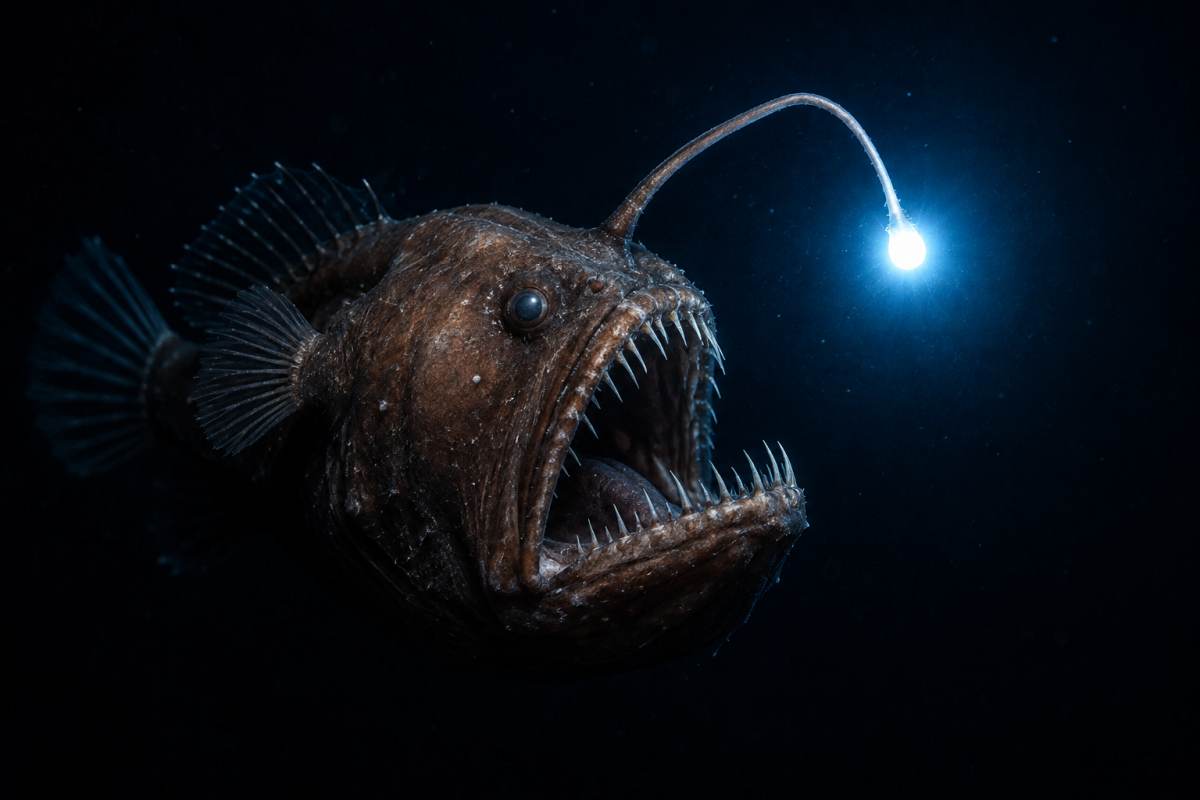 Deep-sea anglerfish using its glowing bioluminescent lure in the dark ocean.