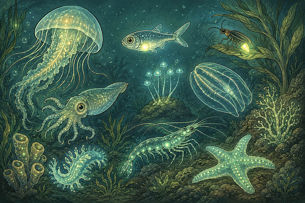 An illustrative painting of deep-sea bioluminescent animals, including a glowing cuttlefish, a swarm of krill, and comb jellies, against a dark, detailed seafloor. The style and color palette match a natural history field guide illustration