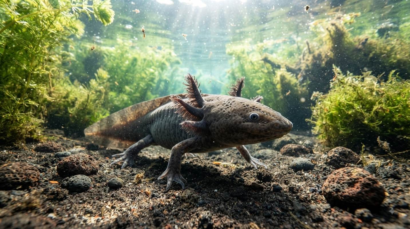 A wild-type axolotl with feathered external gills walking along a dark, rocky freshwater bottom surrounded by green aquatic plants and sunlight filtering from above.