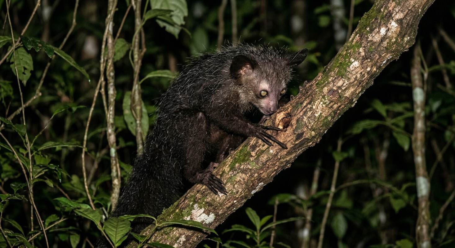 An aye-aye with large eyes, bat-like ears, shaggy fur, and long thin fingers.
