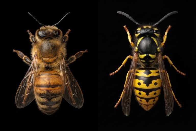 A macro photograph presented as a diptych (a two-panel image) against a deep black background, comparing a honey bee and a yellowjacket wasp. The left panel shows a detailed, dorsal (top-down) view of a fuzzy, chunky honey bee. The right panel shows a similarly composed view of a sleek, smooth, brightly striped yellowjacket wasp.