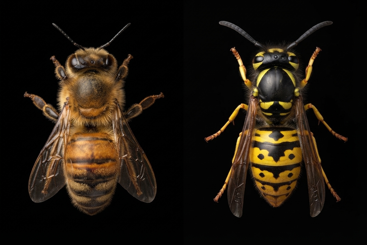 A macro photograph presented as a diptych (a two-panel image) against a deep black background, comparing a honey bee and a yellowjacket wasp. The left panel shows a detailed, dorsal (top-down) view of a fuzzy, chunky honey bee. The right panel shows a similarly composed view of a sleek, smooth, brightly striped yellowjacket wasp.