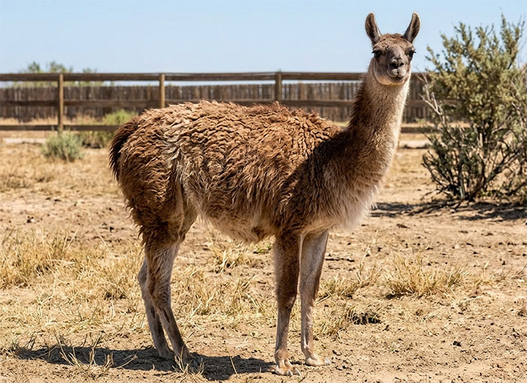 Cama hybrid animal combining camel and llama traits standing in a sandy habitat