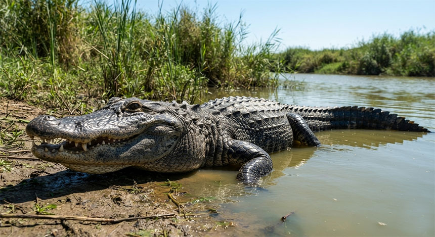 A low-angle, close-up photograph of a Chinese Alligator resting on the muddy bank of a slow-moving river in Anhui, China. The bright, midday sun illuminates the tough, ridged, armor-like texture of its dark scales. It is partially submerged in the murky water, its powerful tail extending behind it, and its intelligent eye is fixed on the camera. The background is composed of dense, sunlit reeds and wetlands.
