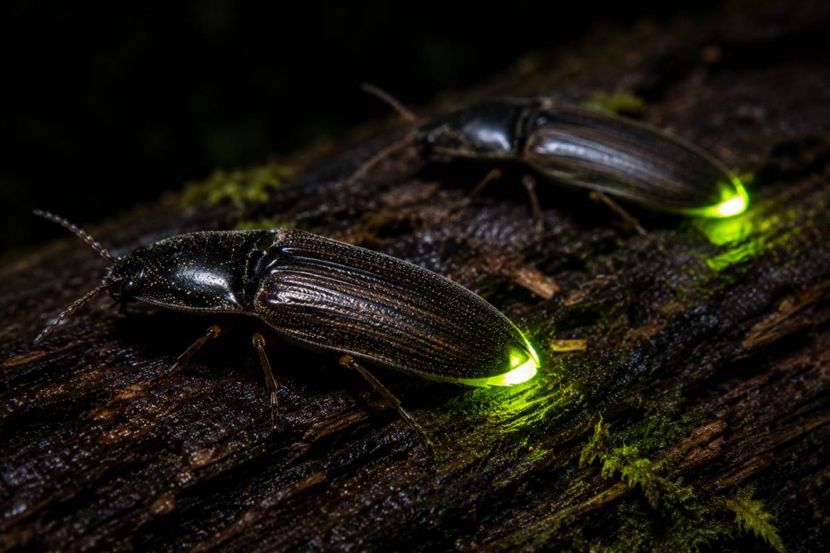 Bioluminescent click beetles glowing green on a damp log in a tropical forest at night.