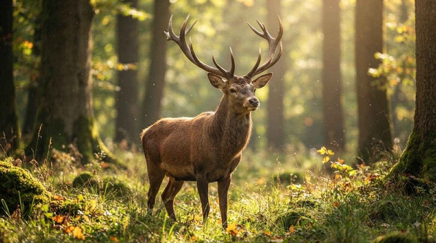 A majestic red deer stag with large antlers standing in a sun-dappled forest.