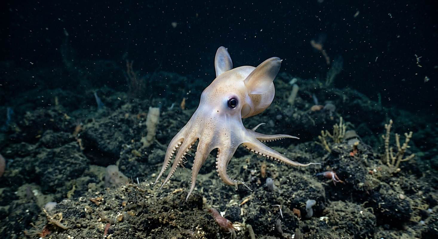 A dumbo octopus swimming in dark water, with rounded body and ear-like fins extending from its head.
