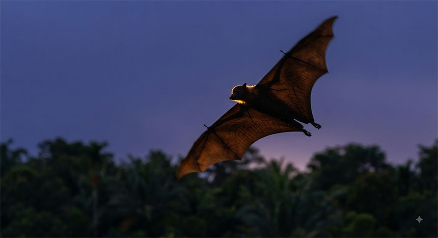 A sharp, twilight photograph of a large Flying Fox (Pteropus) silhouetted against a deep blue, indigo evening sky just after sunset. The last rays of bright orange sunlight catch the edges of its vast, leathery wings, which are fully spread in mid-flight. Its fox-like silhouette is clearly visible against the glowing horizon