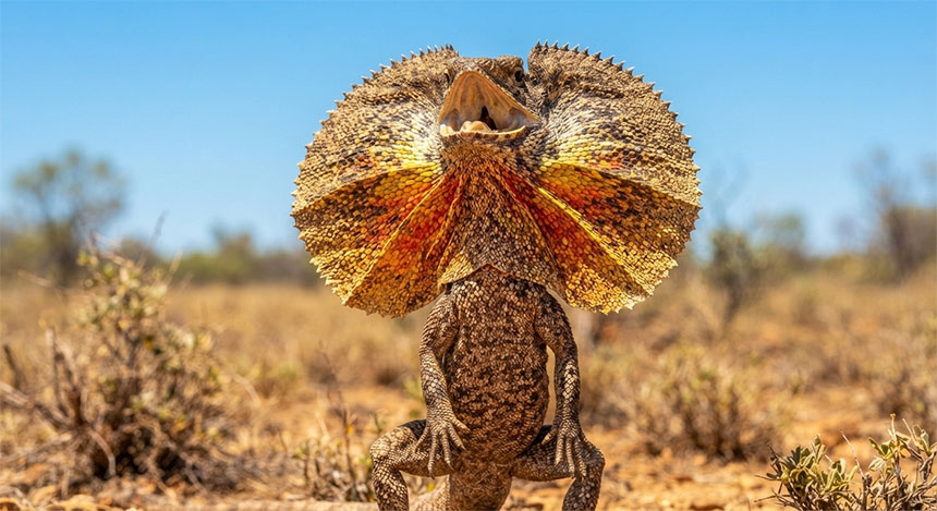 A dynamic, eye-level photograph of a Frilled Lizard in the rugged Australian Outback. Bright, harsh sunlight catches its scales. The lizard is standing upright on its hind legs, its mouth open in a hiss, and its massive, colorful (orange and yellow) neck frill is fully expanded, making it look like a fierce, spiky, miniature dragon. The background is a blurred, dry, sun-baked landscape.