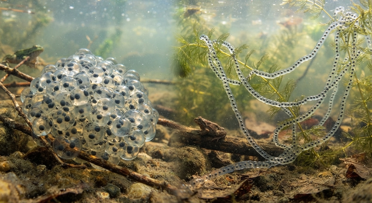 Side-by-side comparison of frog spawn in a clustered clump on the left and long, winding strings of toad eggs on the right in shallow water.