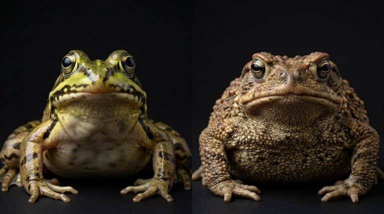 A side-by-side comparison of a frog and a toad against a dark background, showing the frog's smooth, green skin on the left and the toad's dry, bumpy, warty skin on the right