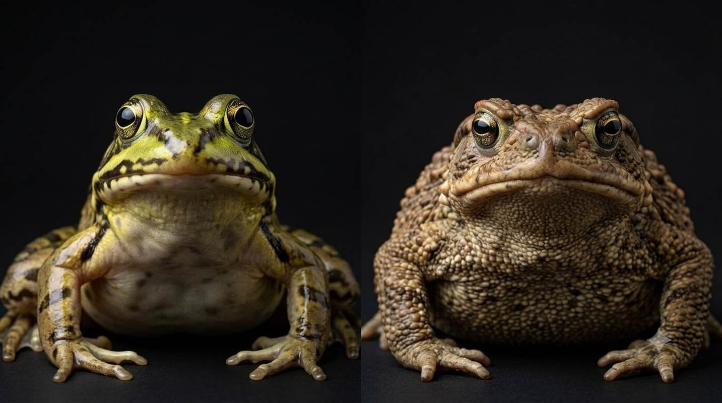 A side-by-side comparison of a frog and a toad against a dark background, showing the frog's smooth, green skin on the left and the toad's dry, bumpy, warty skin on the right