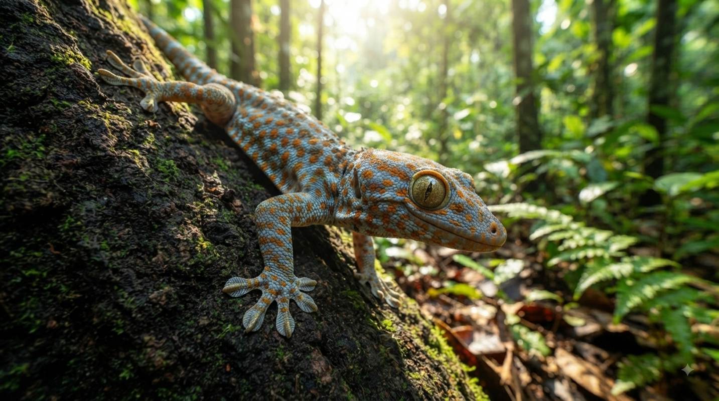 A colorful Tokay gecko clinging to a mossy tree trunk in a sunlit tropical forest