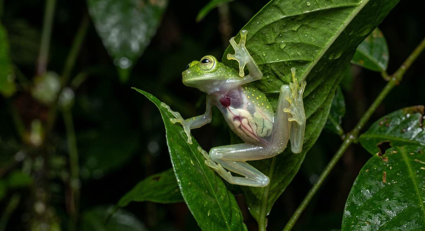 A translucent green glass frog resting on a leaf, with parts of its internal body visible through its skin.