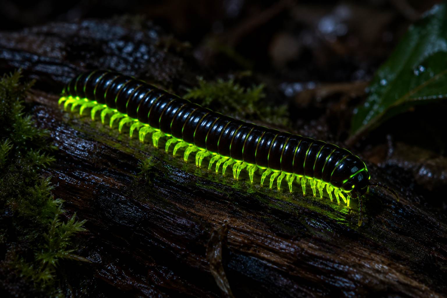Bioluminescent millipede glowing green as it crawls across the damp forest floor at night.
