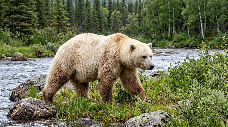 Grolar bear hybrid showing mix of polar bear and grizzly bear features in the wild