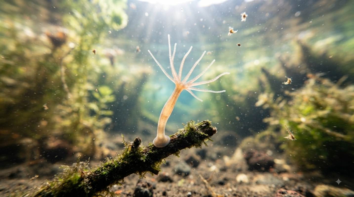 A tiny hydra attached to a mossy twig underwater, with its delicate tentacles extended outward