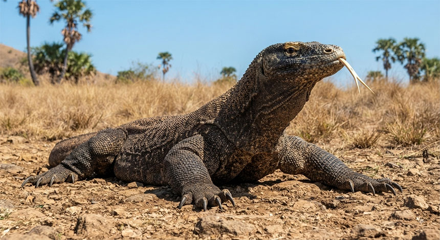 A powerful, eye-level photograph of a massive Komodo Dragon basking on the rocky, sun-baked earth of Komodo Island. The sunlight highlights its rough, heavily scaled, armor-like hide. It is lying still, but its head is raised and its forked tongue is flicking, showing its predatory nature. The background shows dry, scrubby hills under a clear blue sky.