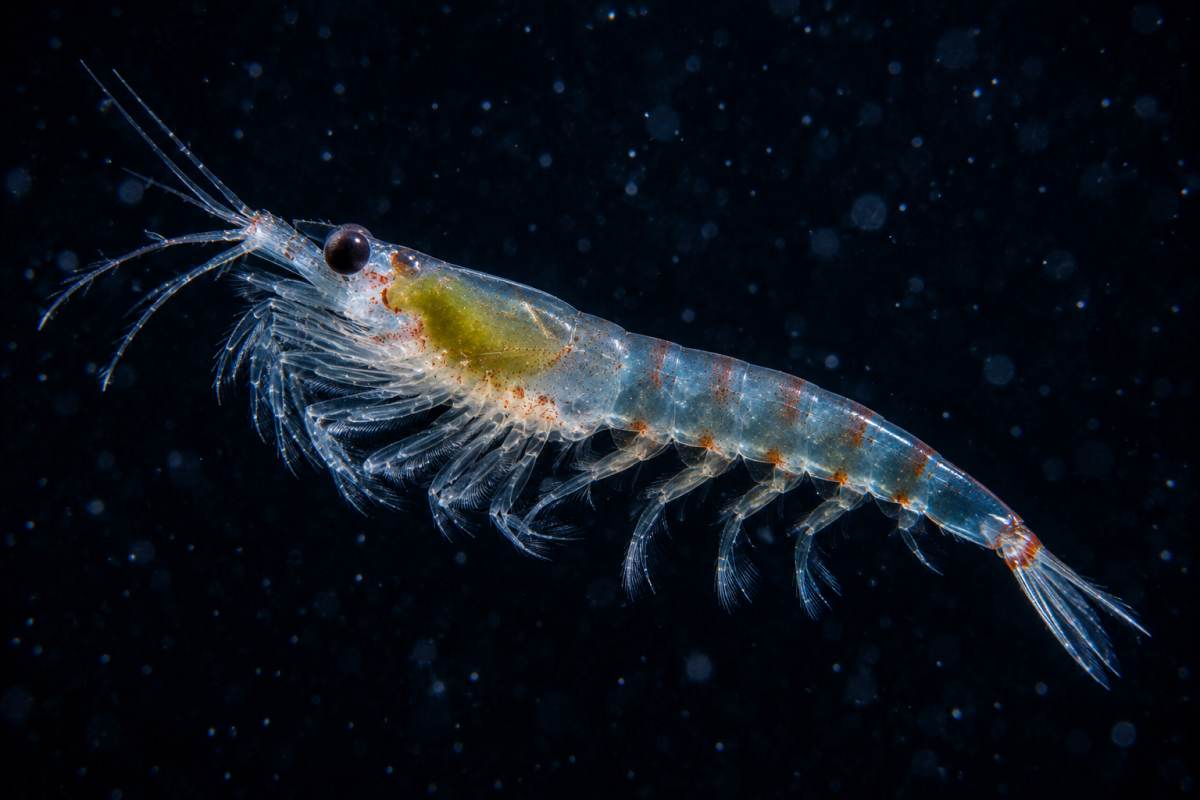 Close-up of a translucent krill showing its detailed body and bioluminescent organs in dark ocean water