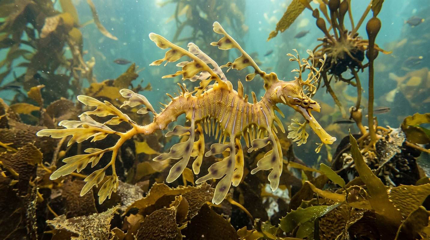 A side view photo of a leafy sea dragon swimming underwater in a kelp forest. Its body is adorned with intricate, leaf-like camouflage extensions that match the surrounding green and brown seaweed. Sunbeams pierce through the clear blue water from above, illuminating the underwater scene