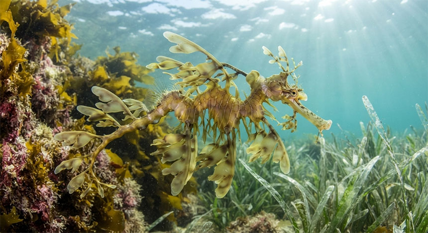 A stunning macro photograph of a Leafy Sea Dragon floating gently in cool, sun-dappled temperate ocean waters off Australia. Its entire body is obscured by intricate, weed-like appendages that perfectly match the surrounding vibrant kelp and seagrass. Bright, natural daylight penetrates the clear water, illuminating the translucent quality of its leafy camouflage