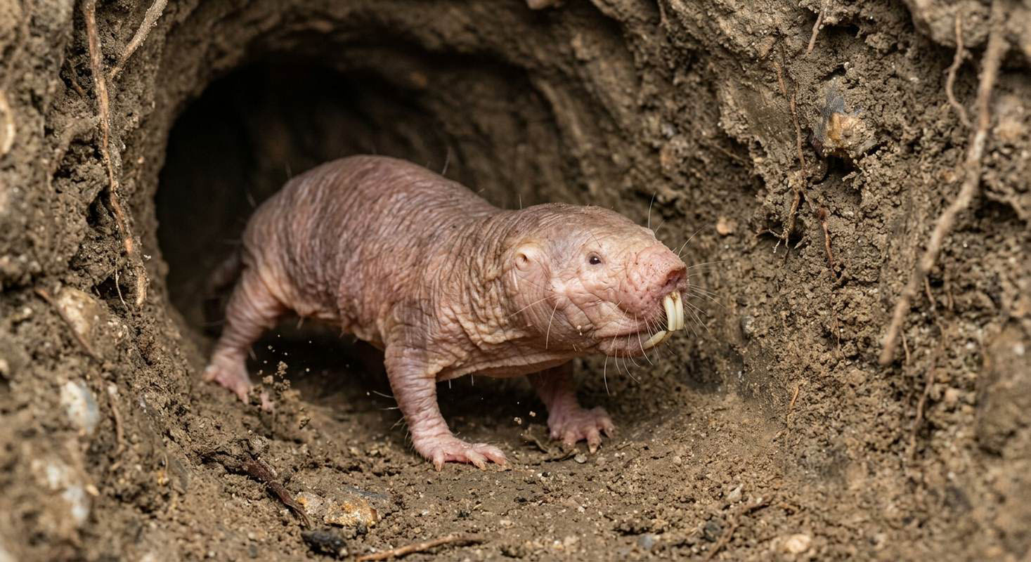 A close-up photo of a hairless, pinkish-brown naked mole rat emerging from a dirt burrow. The creature features heavily wrinkled skin, small eyes, and prominent, large white front teeth protruding from its mouth, with loose soil visible inside the tunnel behind it.