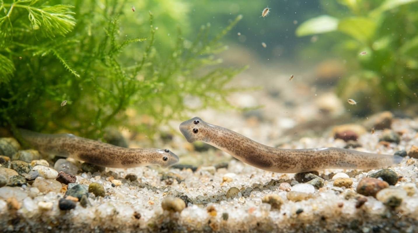 Two planarian flatworms crawling across a sandy freshwater stream bed near green aquatic plants.