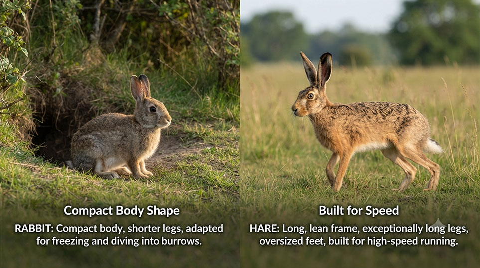 A side-by-side landscape comparison showing the physical differences between a rabbit and a hare. On the left, a short, compact rabbit sits near the entrance of an underground burrow. On the right, a long, lean hare with exceptionally long legs stands alert in an open grassy field. Text overlays read "Compact Body Shape" and "Built for Speed."