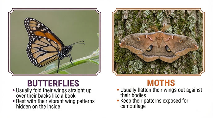 Comparison of a butterfly resting with vertical wings and a moth resting flat on a tree trunk.