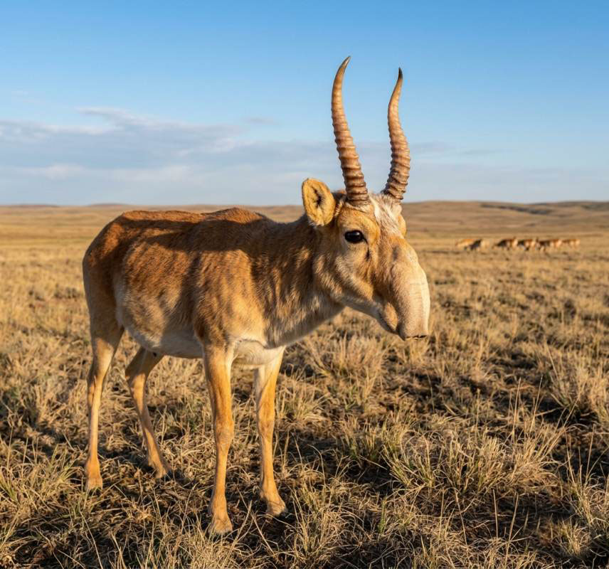 A full-body photo of a saiga antelope standing in a dry, grassy steppe environment under a clear blue sky. The antelope has a light tan coat, long ridged horns curving upwards, and its most defining feature: a large, bulbous, flexible snout hanging down over its mouth