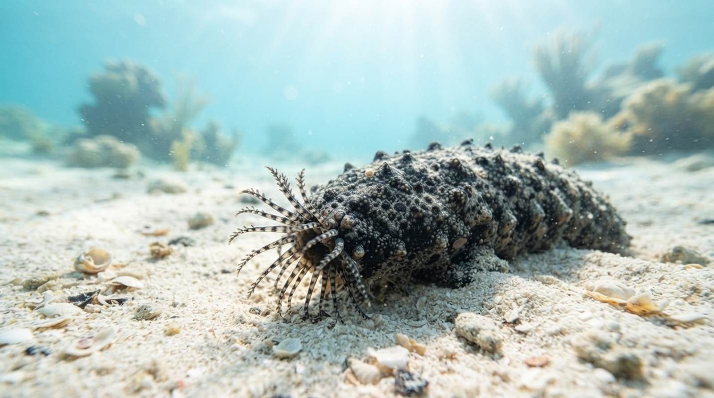 A textured sea cucumber resting on a white sandy ocean floor with coral reef details in the background