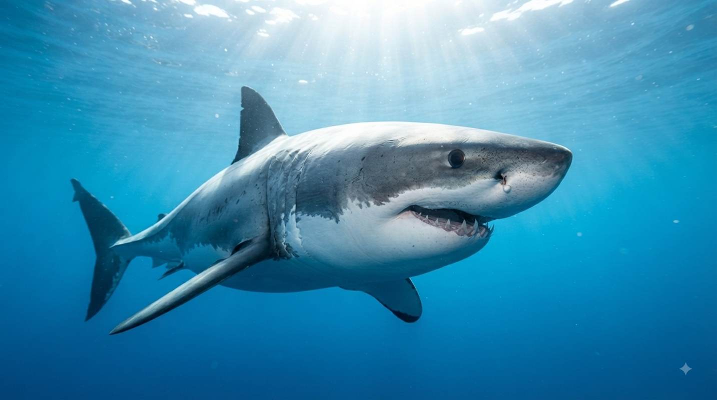A dramatic, close-up underwater macro photograph of a great white shark, viewed head-on emerging from the deep, dark ocean, with detailed skin texture and visible teeth in a low-key, mysterious environment.