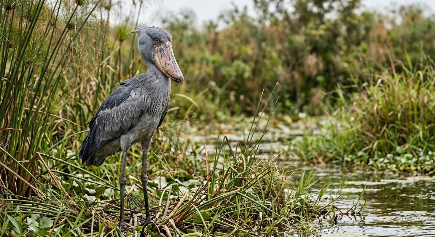 A shoebill standing upright with a large shoe-shaped beak and an intense forward stare.