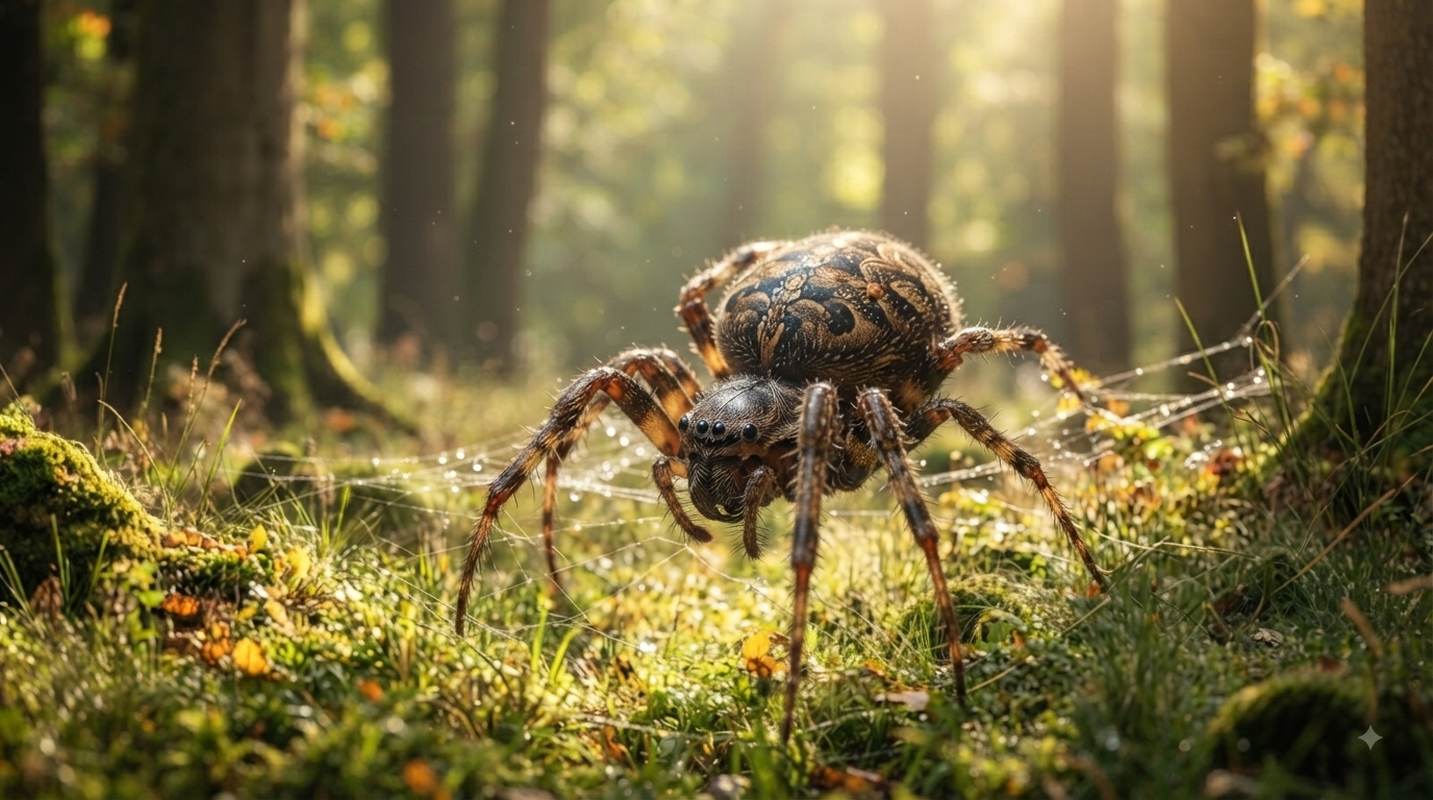 A detailed close-up of a large orb-weaver spider resting on its web amidst a sunlit forest floor