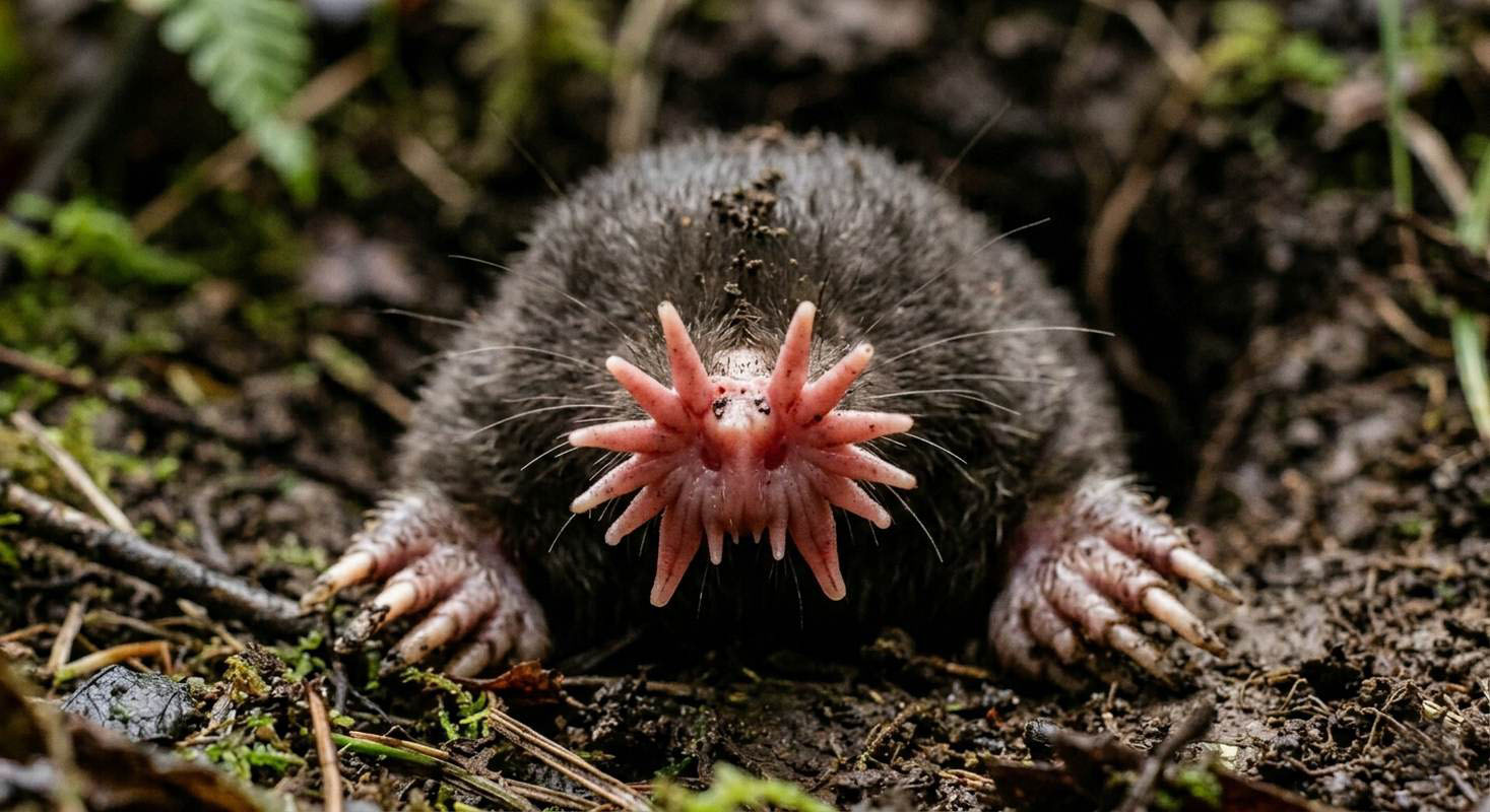 A star-nosed mole showing the ring of pink, fleshy tentacles around its nose.
