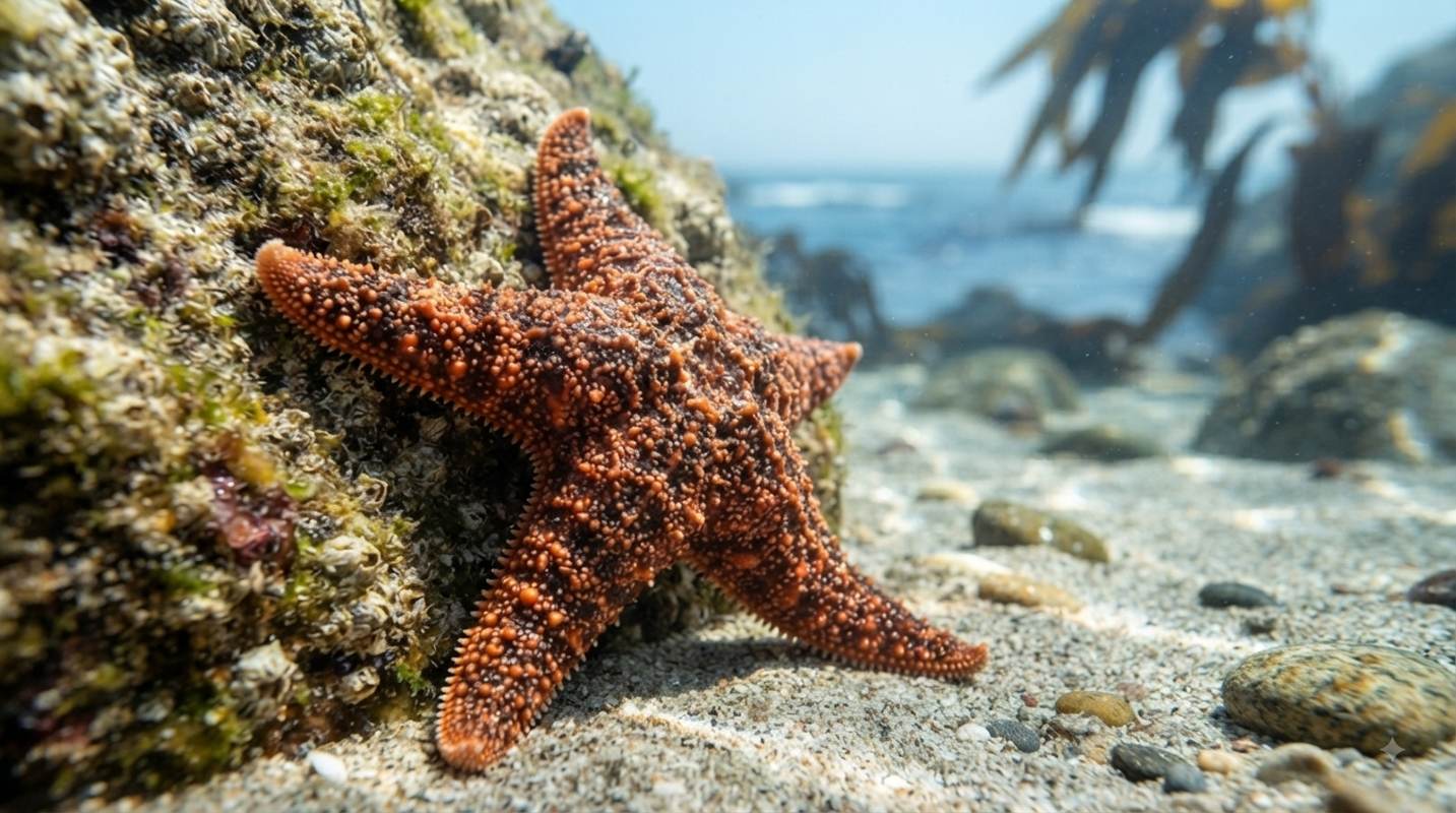 An orange starfish clinging to a barnacle-covered rock on a shallow sandy ocean floor