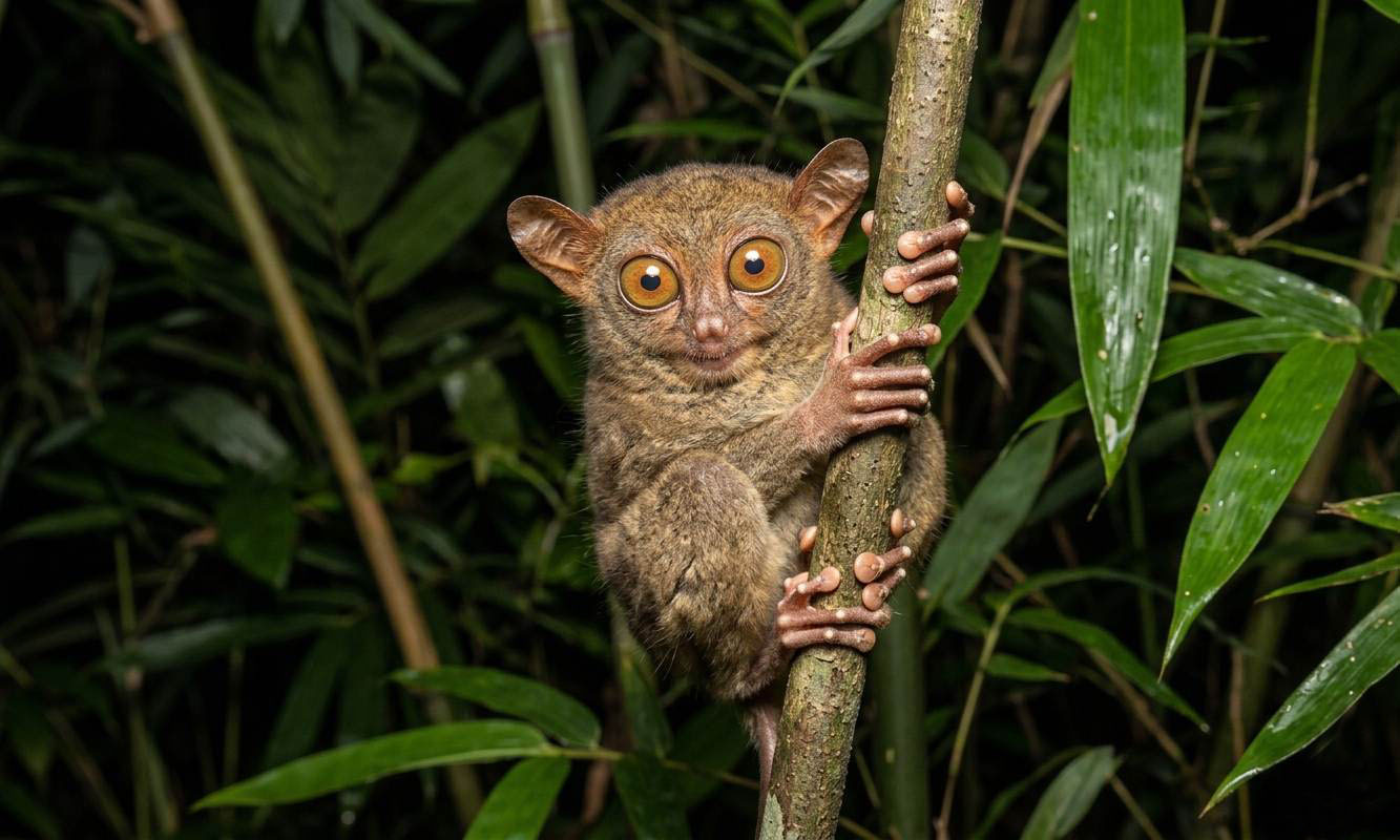 A small tarsier clinging to a branch, with huge round eyes, long fingers, and a alert expression.