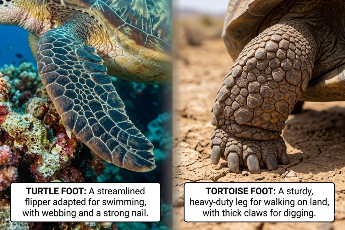 A side-by-side closeup infographic comparing the distinct limb adaptations of a turtle and a tortoise.

The left panel features a close-up of a green sea turtle's front flipper underwater. The flipper is long, flat, and covered in a mosaic pattern of dark scales, designed like a paddle for swimming over a coral reef background. A white label at the bottom reads: "TURTLE FOOT: A streamlined flipper adapted for swimming, with webbing and a strong nail."

The right panel features a close-up of a tortoise's front leg resting on dry, cracked desert earth. The leg is thick, elephantine, and heavily armored with large, bumpy, light-brown scales, ending in thick, heavy claws meant for walking and digging. A white label at the bottom reads: "TORTOISE FOOT: A sturdy, heavy-duty leg for walking on land, with thick claws for digging."
