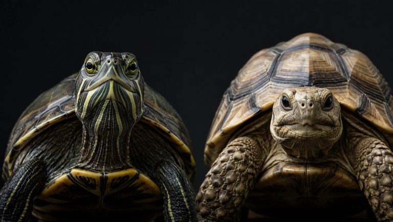 Side-by-side comparison of a turtle and a tortoise against a dark background, showing the turtle’s streamlined shell and striped neck on the left and the tortoise’s domed shell and thick, elephant-like legs on the right. The close-up portrait highlights the key physical differences between these two shelled reptiles.