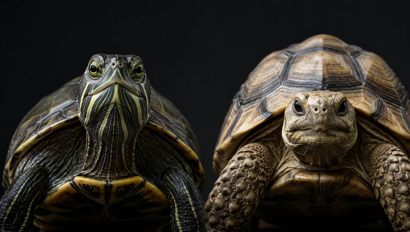 Side-by-side comparison of a turtle and a tortoise against a dark background, showing the turtle’s streamlined shell and striped neck on the left and the tortoise’s domed shell and thick, elephant-like legs on the right. The close-up portrait highlights the key physical differences between these two shelled reptiles.