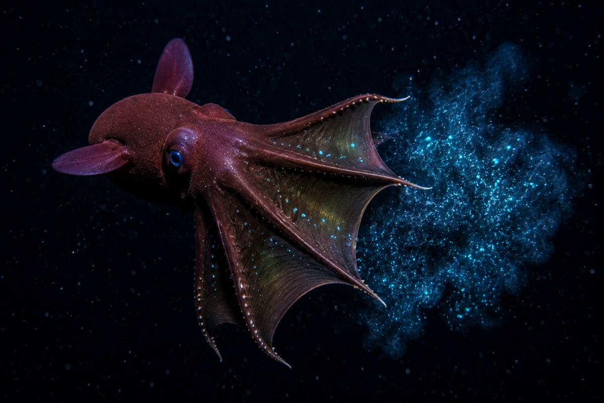 Vampire squid releasing a cloud of glowing bioluminescent particles in the deep ocean.