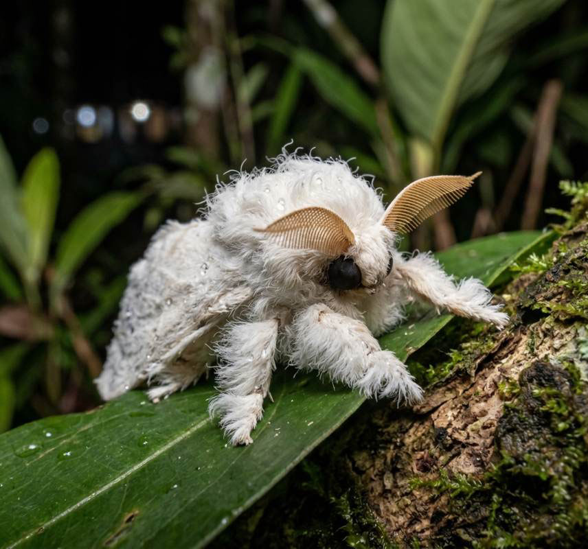 A close-up photograph of a fluffy, white Venezuelan poodle moth resting on a wet green leaf. The insect is covered in dense, hair-like white fur, with large black eyes and two large, tan, comb-like antennae extending from its head