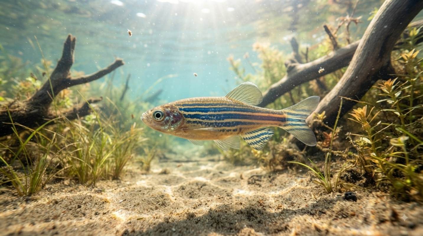 A zebrafish swimming in clear shallow water over a sandy riverbed surrounded by aquatic plants and driftwood.
