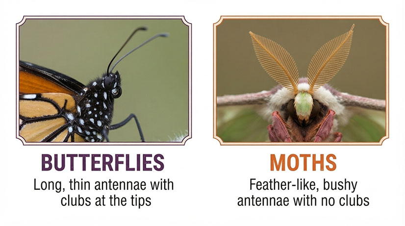 Side-by-side comparison showing a butterfly with clubbed antennae versus a moth with feathery antennae