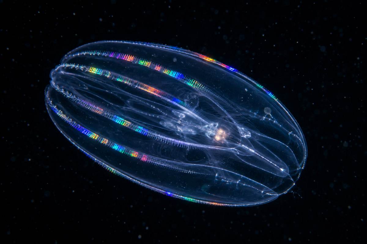 Transparent comb jelly shimmering with rainbow-colored light in the dark ocean.