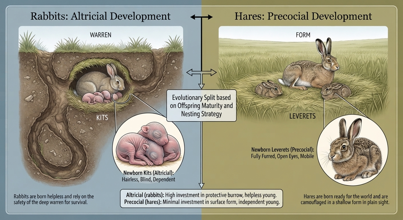 An infographic titled "Rabbits: Altricial Development" on the left and "Hares: Precocial Development" on the right, highlighting an evolutionary split in nesting strategy and offspring maturity. The left side shows a cutaway of an underground rabbit burrow, labeled "WARREN," with a mother rabbit and several tiny, pink, hairless, and blind newborn kits huddled in a grass nest. A magnified inset shows a close-up of these "Newborn Kits (Altricial)" sleeping. Text below reads: "Rabbits are born helpless and rely on the safety of the deep warren for survival."

The right side shows a mother hare and two leverets resting in a shallow grass depression, labeled "FORM," in an open field. A magnified inset shows a close-up of a wide-eyed "Newborn Leveret (Precocial)" sitting upright. Text below reads: "Hares are born ready for the world and are camouflaged in a shallow form in plain sight."

A central box connects the two sides, stating: "Evolutionary Split based on Offspring Maturity and Nesting Strategy." A final summary box at the bottom contrasts the two strategies: "Altricial (rabbits): High investment in protective burrow, helpless young. Precocial (hares): Minimal investment in surface form, independent young."