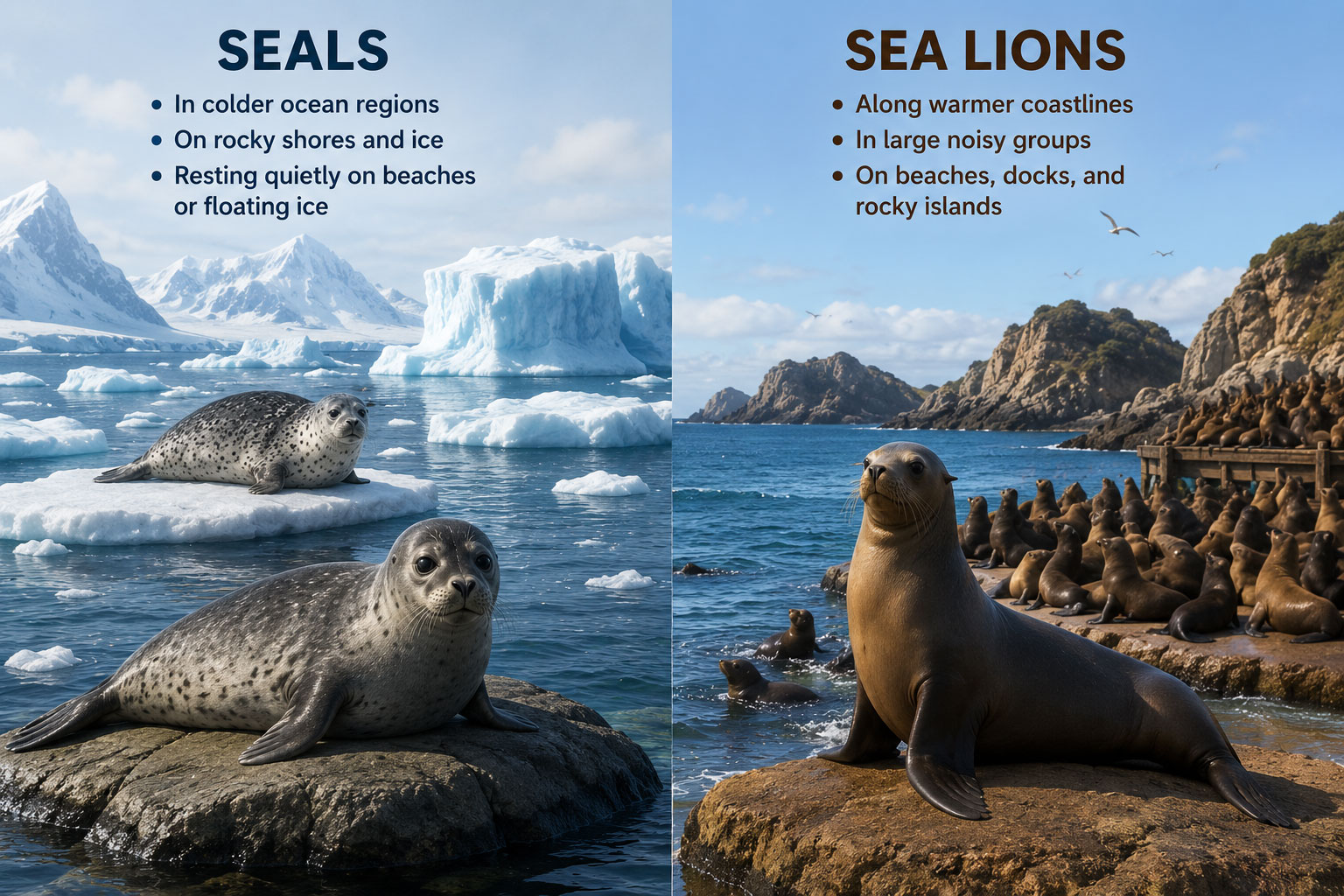 Comparison image showing seals resting on icy rocks in cold polar waters and sea lions gathered on warm rocky coastlines.