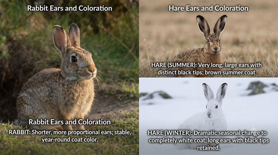 A three-part photographic comparison titled "Ears and Coloration." The left panel features a close-up of a wild brown rabbit by a burrow entrance, with text below noting its "shorter, more proportional ears" and "stable, year-round coat color." The right side is split vertically: the top panel shows a brown hare in a summer field, and the bottom panel shows the same hare in a snowy winter landscape with a full white coat. Text below the hare panels describes its "very long, large ears with distinct black tips" and the "dramatic seasonal change to completely white coat" for the winter phase.
