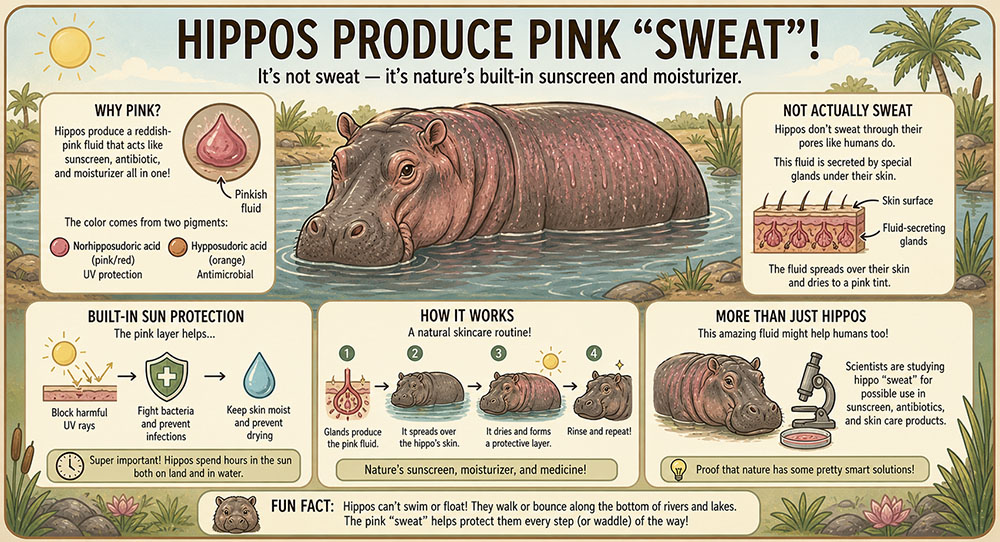 Infographic of a hippopotamus in water explaining its pink skin secretion that acts as sunscreen and protects against bacteria.